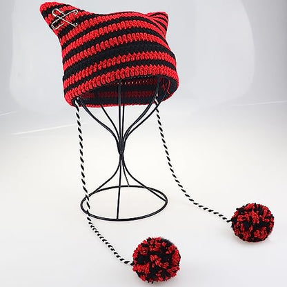 XYIYI Crochet Hats for Women Fox Knit Hat with Pompoms Grunge Goth Accessories Slouchy Beanies for Women Girls - color: Black Red