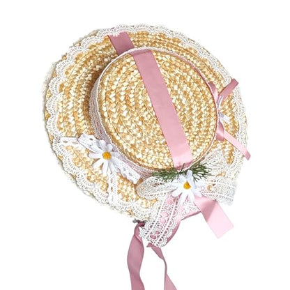 Victorian Tea Party Sun Hat, Wide Brim Straw Flat Cap - color: Pink