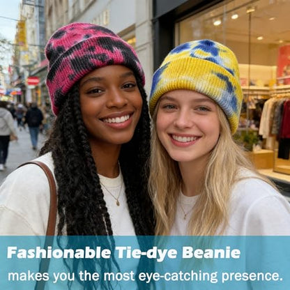 Beanie for Women Men Unisex Tie Dye Cuffed Knit Skull Cap Colorful Gradient Winter Hat Soft Slouchy Warm Less Static - color: Yellow