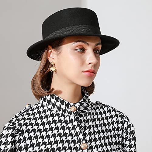 Pork Pie Hat for Men/Women, Wide Brim Felt Boater Fedora Church Derby Cap - color: Black-style 1