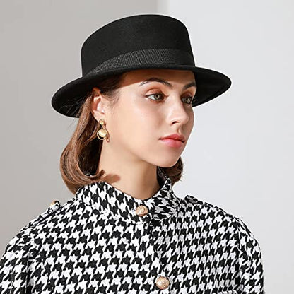 Pork Pie Hat for Men/Women, Wide Brim Felt Boater Fedora Church Derby Cap - color: Black-style 1