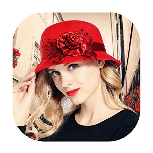 Glamorstar Vintage Felt Cloche Hat Winter Floral Fedora Bucket Hat Bowler Hats - color: Red