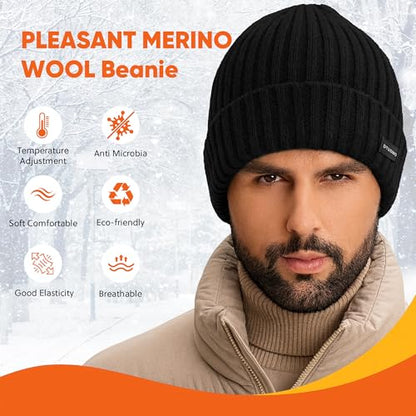 Winter Beanie Merino Wool Fleece Lined for Men Women Soft Warm Knit Hat Ski Stocking Cuffed Cap - color: Black