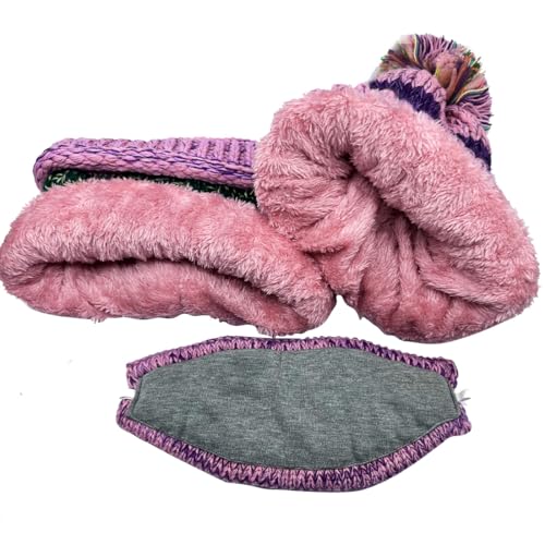 Ypser Women's Winter Warm Knitted Crochet Hat Fleece Lined Cable Faux Fur Pom Pom Beanie Hat Skull Cap - color: Pink 3 Pcs Set (Hat & Scarf & Face Mask)