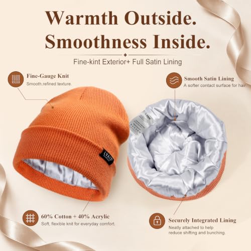 Satin Lined Winter Beanie Hats for Women Men Cotton Knitted Cuffed Knit Hat - color: Orange