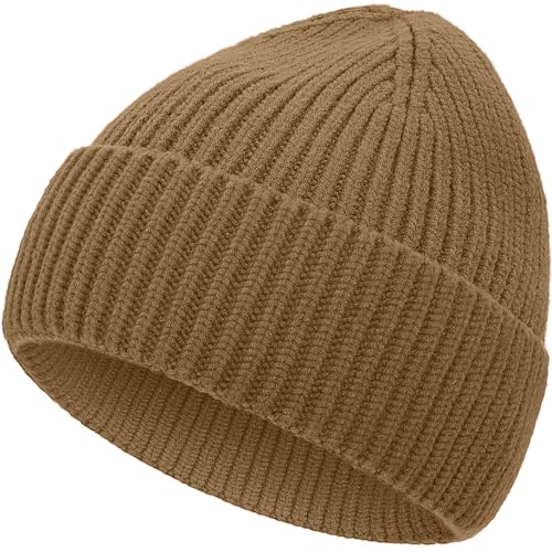 vidsel 50% Wool Thick Beanie Hat Men Women, Seamless Cuffed Winter Knit Cap - color: 1pcs Camel
