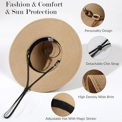 Pleneal Beach Sun Staw Hats for Women, UPF 50+ Foldable Wide Brim Sun Hat - color: Khaki - C