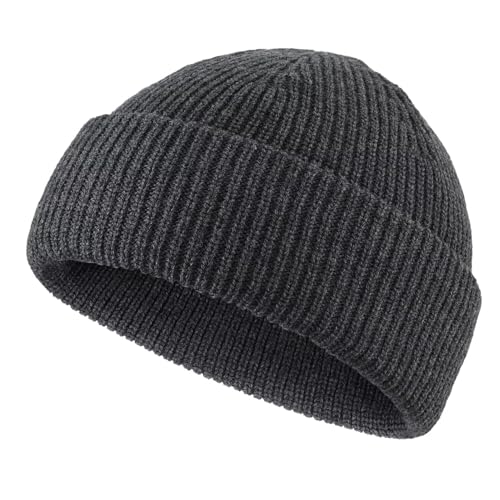 Connectyle Short Fisherman Beanie for Men Women Warm Winter Hats Knit Cuffed Beanies Skull Cap Acrylic Watch Hat - color: Dark Grey