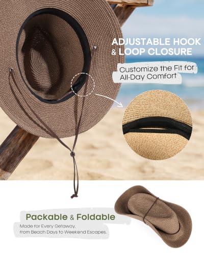 FURTALK Sun Hat Panama Fedora Straw Beach Hat with Wind Lanyard UPF - color: Coffee Brown, size: Large-X-Large