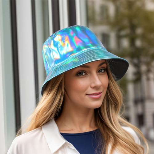 MILAKOO Rave Hologram Metallic Bucket Hat Reversible Cap Reflective Waterproof Rain Fisherman Hat - color: F: Blue