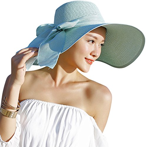 Lanzom Womens 5.7 Inches Big Bowknot Straw Hat Large Floppy Foldable Roll up Beach Cap Sun Hat UPF 50+ - color: Green