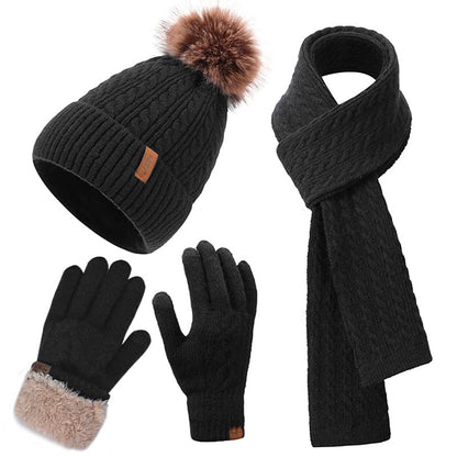 Winter Hat Scarf Gloves Set for Women, Classic Cable Beanie with Removable Pom Pom Long Scarf Touchscreen Gloves 3 in 1 Set - color: Black