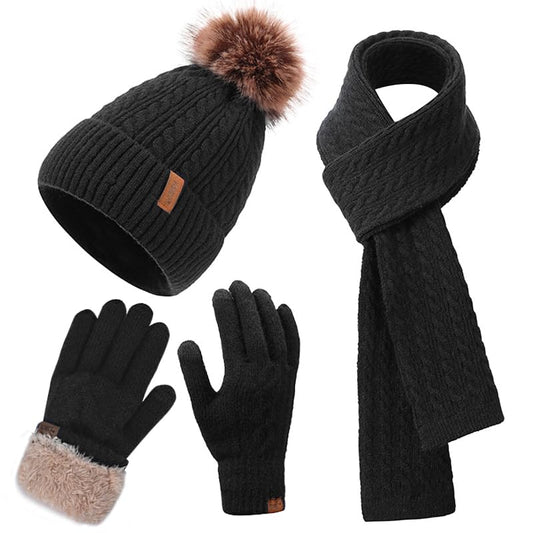 Winter Hat Scarf Gloves Set for Women, Classic Cable Beanie with Removable Pom Pom Long Scarf Touchscreen Gloves 3 in 1 Set - color: Black
