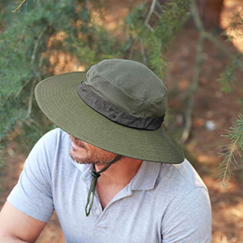 Men Safari Sun Hat Wide Brim Boonie Fishing Cap with Adjustable Drawstring - color: #Green