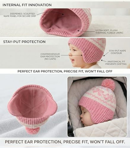 Moon Kitty Baby Girls Earflaps Knit Hats Infant Baby Beanies6-12Months - color: Rose Pink Bow, size: 1-3T