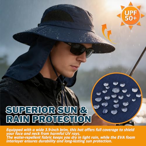 Wide Brim Sun Bucket Hat, Waterproof Boonie Hat for Men & Women - color: 07 Navy Blue (Full Coverage)