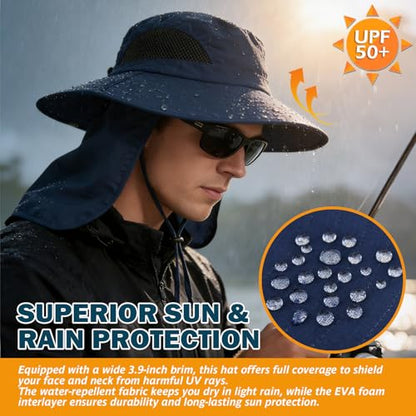 Wide Brim Sun Bucket Hat, Waterproof Boonie Hat for Men & Women - color: 07 Navy Blue (Full Coverage)