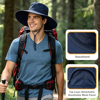 Mens Sun Hat Wide Brim Sun Hats for Men UV Protection Waterproof Bucket Hat - color: Blue