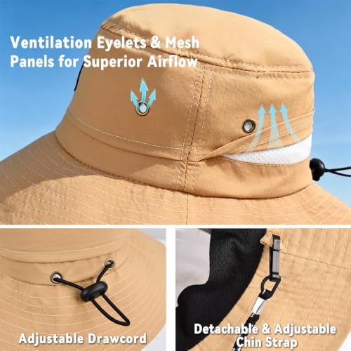 ZOORON Sun Bucket Hats for Women Men UPF 50+Packable Fishing Hats Quick Dry Waterproof Hiking Hat with Detachable Chin Strap - color: 1pack-khaki