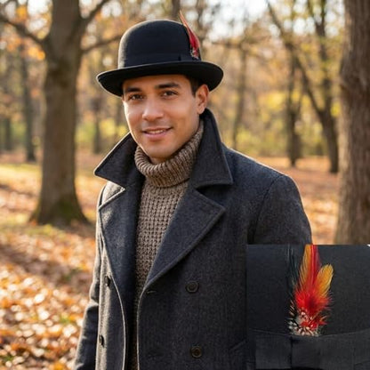 Classic Fedora Hat with Feather, Dome Hard Bowler Cap - color: Black