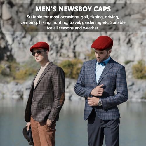meioro Herringbone Flat Ivy Newsboy Cap for Men Classic Tweed Newsboy Hat Wool Blend Flat Cap Gatsby Cabbie Hats Ivy Caps - color: Red