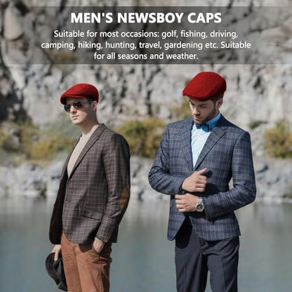 meioro Herringbone Flat Ivy Newsboy Cap for Men Classic Tweed Newsboy Hat Wool Blend Flat Cap Gatsby Cabbie Hats Ivy Caps - color: Red