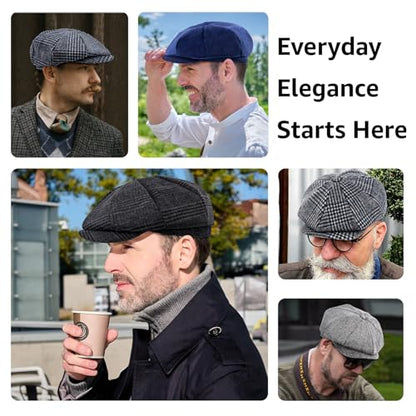 Mens Newsboy Cap High Woolen Tweed Gatsby Hat Ivy Cabbie Flat Golf Cap for Fathers Women Unisex - color: Plaid-dark Grey, size: 7 1/8-7 1/4