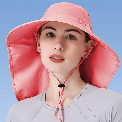 Womens Sun Hat UV Protection, Foldable Waterproof Wide Brim Bucket Hats with Neck Flap for Summer Beach Fishing Hiking - color: Rose