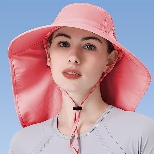 Womens Sun Hat UV Protection, Foldable Waterproof Wide Brim Bucket Hats with Neck Flap for Summer Beach Fishing Hiking - color: Rose