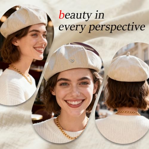 Women's Chenille Beret - Soft & Warm French Hat with Metal Heart Accent for Fall/Winter. - color: Beige