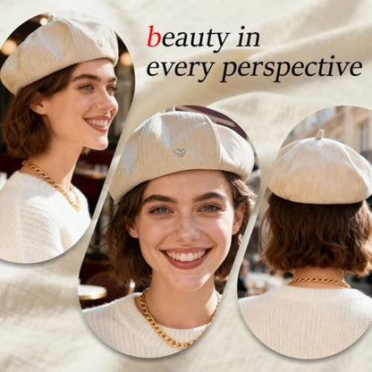 Women's Chenille Beret - Soft & Warm French Hat with Metal Heart Accent for Fall/Winter. - color: Beige