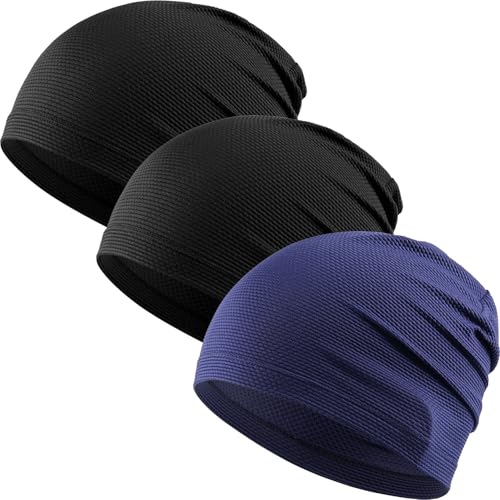 WTACTFUL 3-Pack Breathable Cooling Skull Cap for Men Women Thin Beanie - color: Black+black+blue