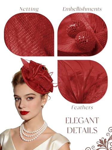 Women Fascinators Hats Tea Party Headband Hair Clip Feathers Hat for Wedding Cocktail Party - color: Red