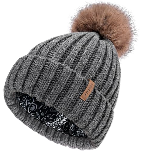 FURTALK Womens Winter Beanie Hat Satin Lined Faux Fur Pom Pom Beanies Hat for Women Winter Warm Knit Hats - color: Dark Grey