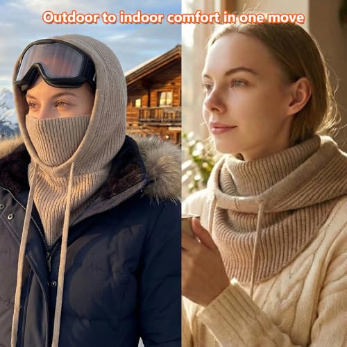 Knit Balaclava for Women Winter Hats Ski Mask Face Cover Neck Warmer - color: Pink
