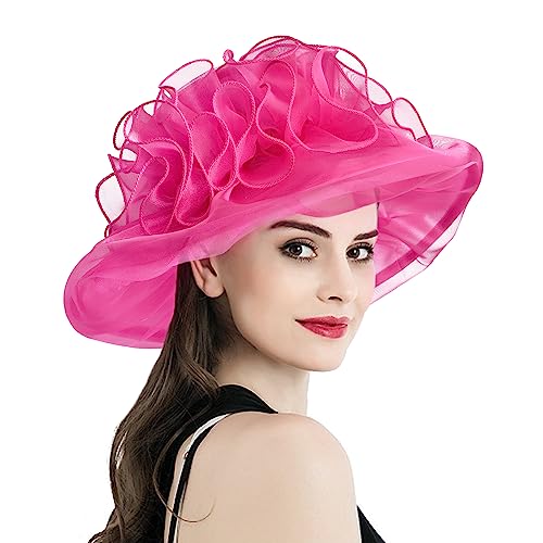 2026 Derby Hats for Women Ladies, Classy Organza Sun Hat, Church Tea Party Wedding Kentucky Fascinator Hat - color: 2a-4541-rose Red