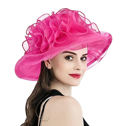 2026 Derby Hats for Women Ladies, Classy Organza Sun Hat, Church Tea Party Wedding Kentucky Fascinator Hat - color: 2a-4541-rose Red