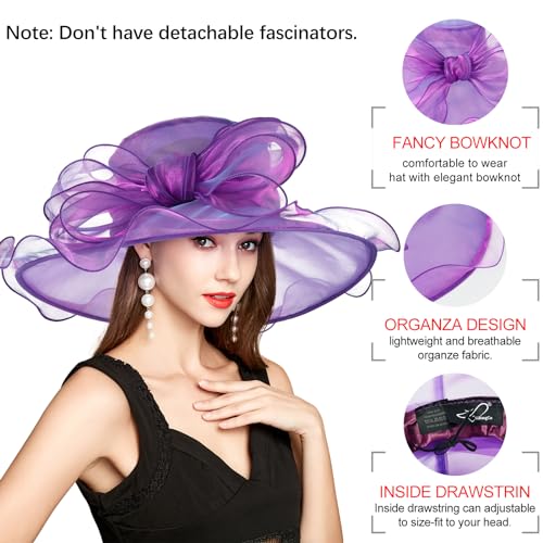2026 Derby Hats for Women Ladies, Classy Organza Sun Hat, Church Tea Party Wedding Kentucky Fascinator Hat - color: B2967-purple