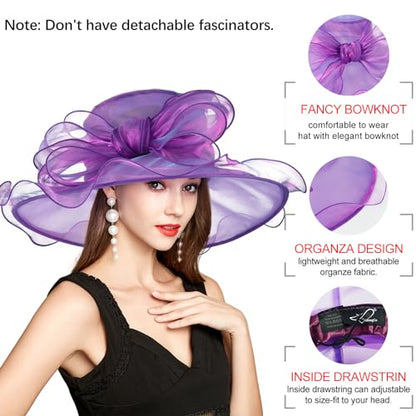 2026 Derby Hats for Women Ladies, Classy Organza Sun Hat, Church Tea Party Wedding Kentucky Fascinator Hat - color: B2967-purple