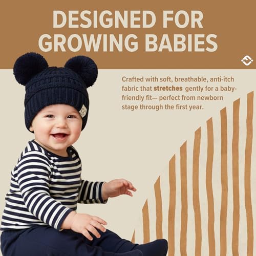 Funky Junque Double Pom Pom Baby Beanie – Newborn Girl Winter Hat 0–12 Months, Cute Cozy Knit Infant Beanies for Cold Weather - color: Navy - Double Pom
