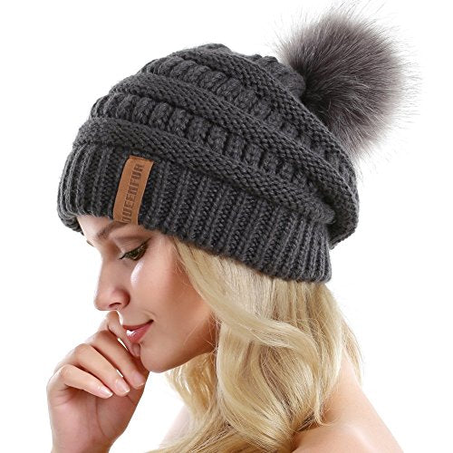 Women Knit Slouchy Beanie Chunky Baggy Hat with Faux Fur Pompom Winter Soft Warm Ski Cap - color: Dark Grey