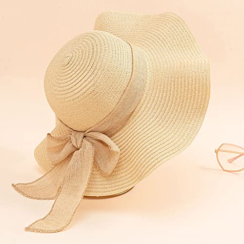 Women Floppy Sun Hat with Wide Brim, Foldable Roll-Up Straw Beach Hat Summer Hat for Travel - color: Beige