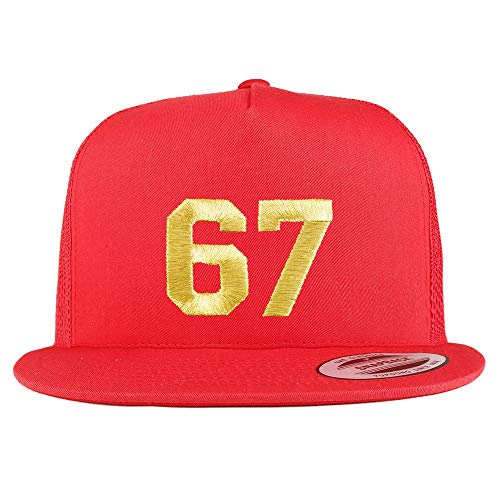 Trendy Apparel Shop Number 67 Gold Thread Embroidered Flat Bill 5 Panel Trucker Cap - color: Red