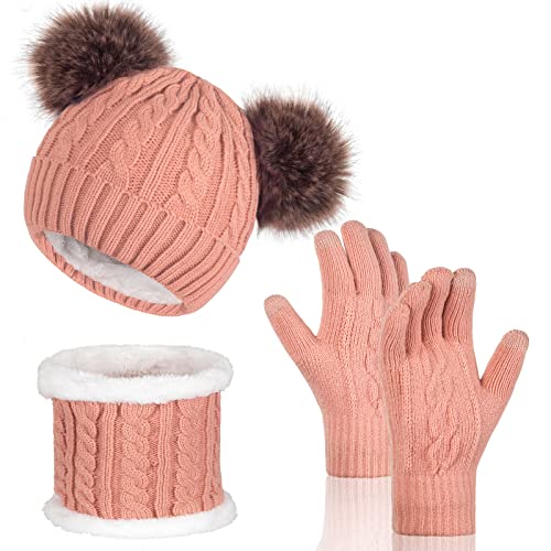 Women Knit Beanie with Pompom, Fleece Lined Neck Warmer & Touchscreen Gloves Set - Winter Thermal Accessories Christmas Gift - color: Pink