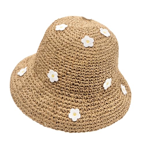 YAMEIZE Wide Brim Straw Bucket Hat - for Women UV Protection Packable Crochet Sun Hat Floral Foldable Beach Sun Cap Travel - color: Khaki