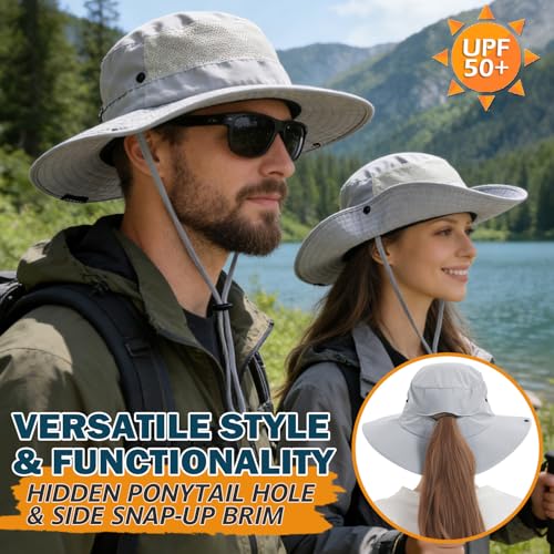 Cooling Sun Bucket Hat, UPF 50+ Wide Brim Boonie Hat with Ponytail Hole - color: 01 Light Grey