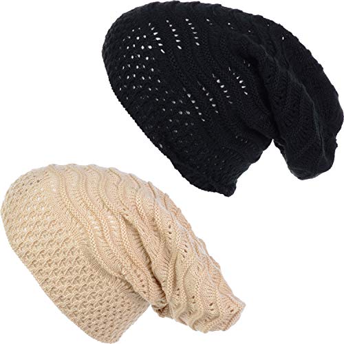 BYOS Women's Airy Cool Lightweight Cutout Long Slouchy Crochet Knit Beanie Hat - color: 2 Pack-wavy Line Lt. Beige & Bk