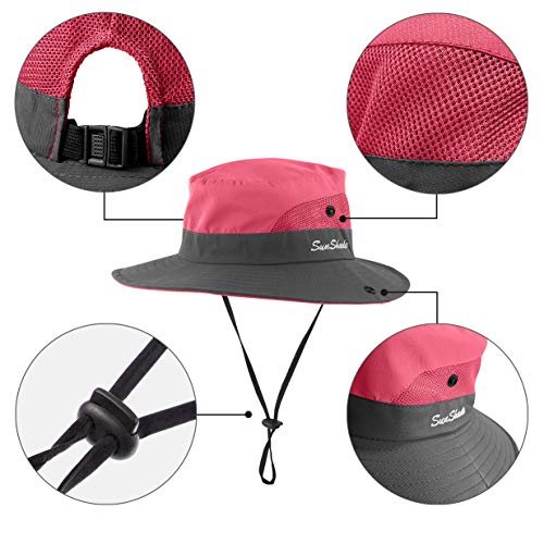 IYEBRAO Kids UV Sun Hat with Ponytail Hole UPF 50 Bucket Cap for Girls Summer Beach ＆ Fishing - color: Watermelon Red