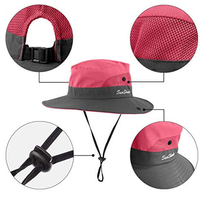 IYEBRAO Kids UV Sun Hat with Ponytail Hole UPF 50 Bucket Cap for Girls Summer Beach ＆ Fishing - color: Watermelon Red
