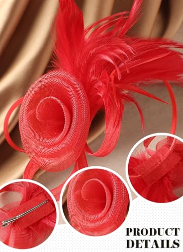 Zinniday Victorian Feather Fascinators Hats - 2025 Derby Attire Headwear with Hairpin,1920s Tea Party Hat for Woman - color: Red